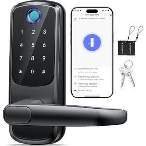 Keyless Entry Door Lock with Handle, Built-in WiFi Deadbolt, Smart Fingerprint Security Lock for Front Door, Support Doorbell Call and APP Unlock, Easy Installation, Matte Black