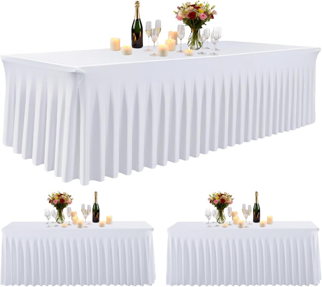 10 Pack White Spandex Round Tablecloths for 60inch Tables, 120 Inch Stretchy 5ft Round Fitted Tablecloth Wrinkle Free Washable Table Cloths Table Covers with Skirt for Wedding Party Birthday Banquet, 