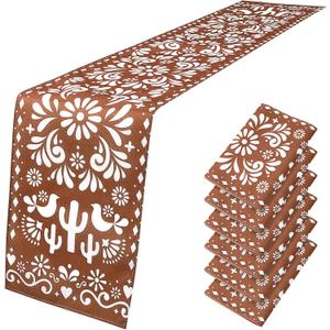 Hahafelt 6 Pcs Mexican Talavera Cielito Lindo Table Runner 71 x 13'' Linen Baby Shower Home Decor Traditional Cinco De Mayo Dia De Los Muertos Day of The Dead Fiesta Party Decoration Supplies (Brown)