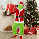 DJKFAEK Green Monster Santa Claus Costumes for Men,Christmas Furry Santa Claus Costume Include Mask for Halloween Cosplay (L)