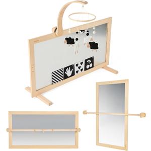 Montessori Mirror Baby Wall, Baby Pull Up Bar, 3-in-1 Shatterproof Mirror with Wooden Pull Up Bar - Montessori Baby Furniture for Balancing Nature and Development