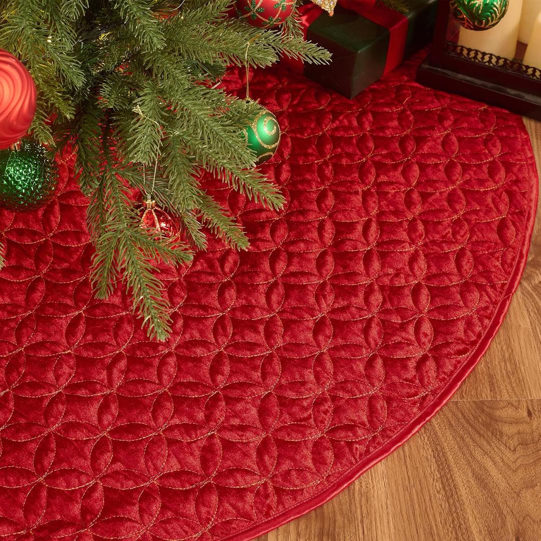 Valery Madelyn Christmas Tree Skirt for Tree Decorations, 36 Inch Fabric Luxury Red Gold Medium Xmas Velvet Tree Skirt with Embroidery Patchwork & Tassels for Tree Merry Christmas Party Decor