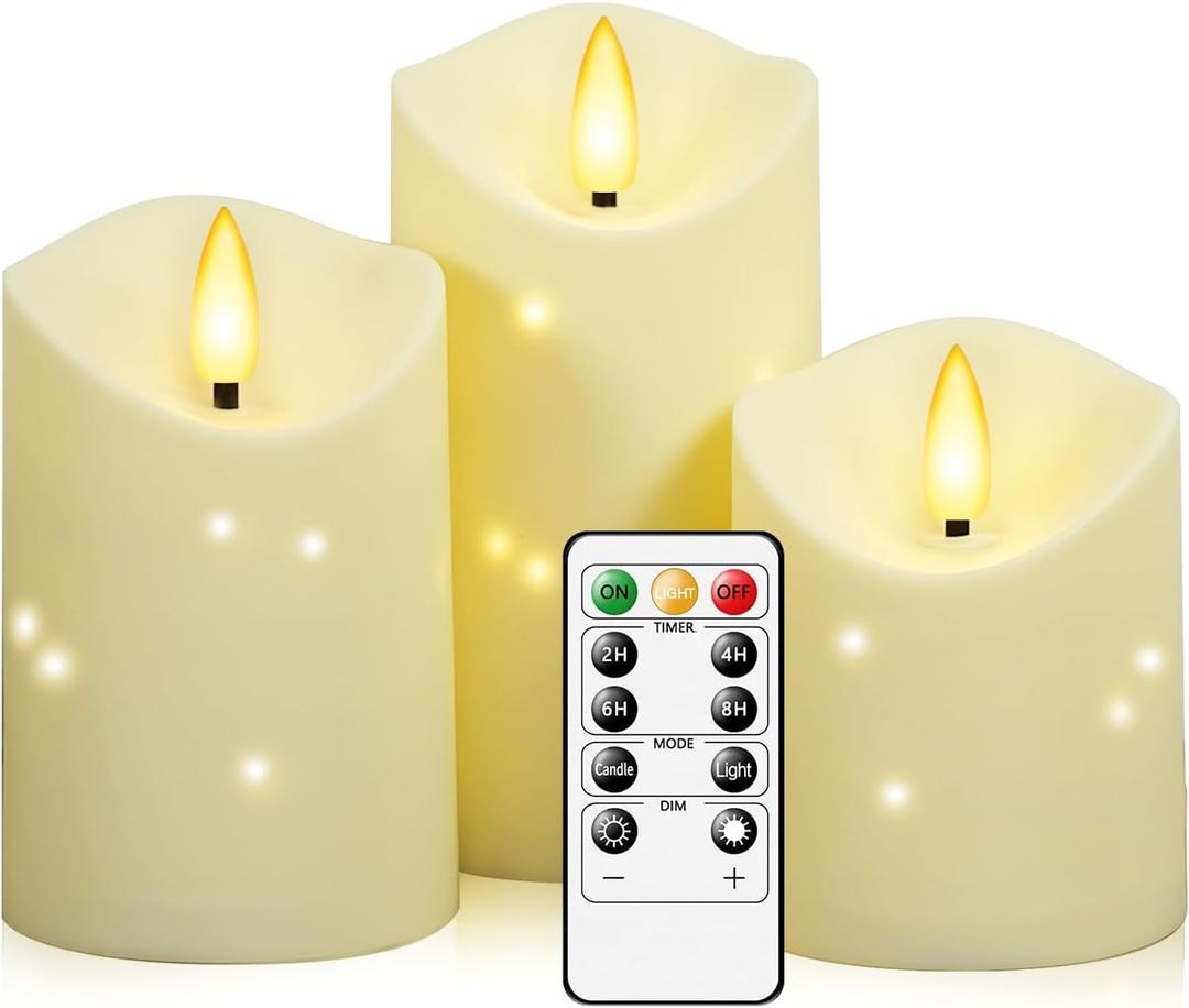 Outdoor Waterproof Flickering Flameless Candles with Embedded Star String,3Pcs LED Pillar Candles Battery Operated with Remote and Timers for Courtyard,Porch,Camping,Holiday Decoration(Ivory) (D3.25xH4"5"6")