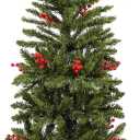 5 Feet Hinged Slim Pencil Red Berries Artificial Fir Christmas Tree with Foldable Metal Stand,300 Tips,Green
