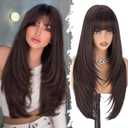 XIXIBI Brown Wig with Bangs for Women,4x4 Realistic Scalp,Free Parting,Long Layered Wigs Realistic Synthetic Fiber Heat Resistant Dark Brown Natural Looking Wig for Daily Party Cosplay Use 26 Inch