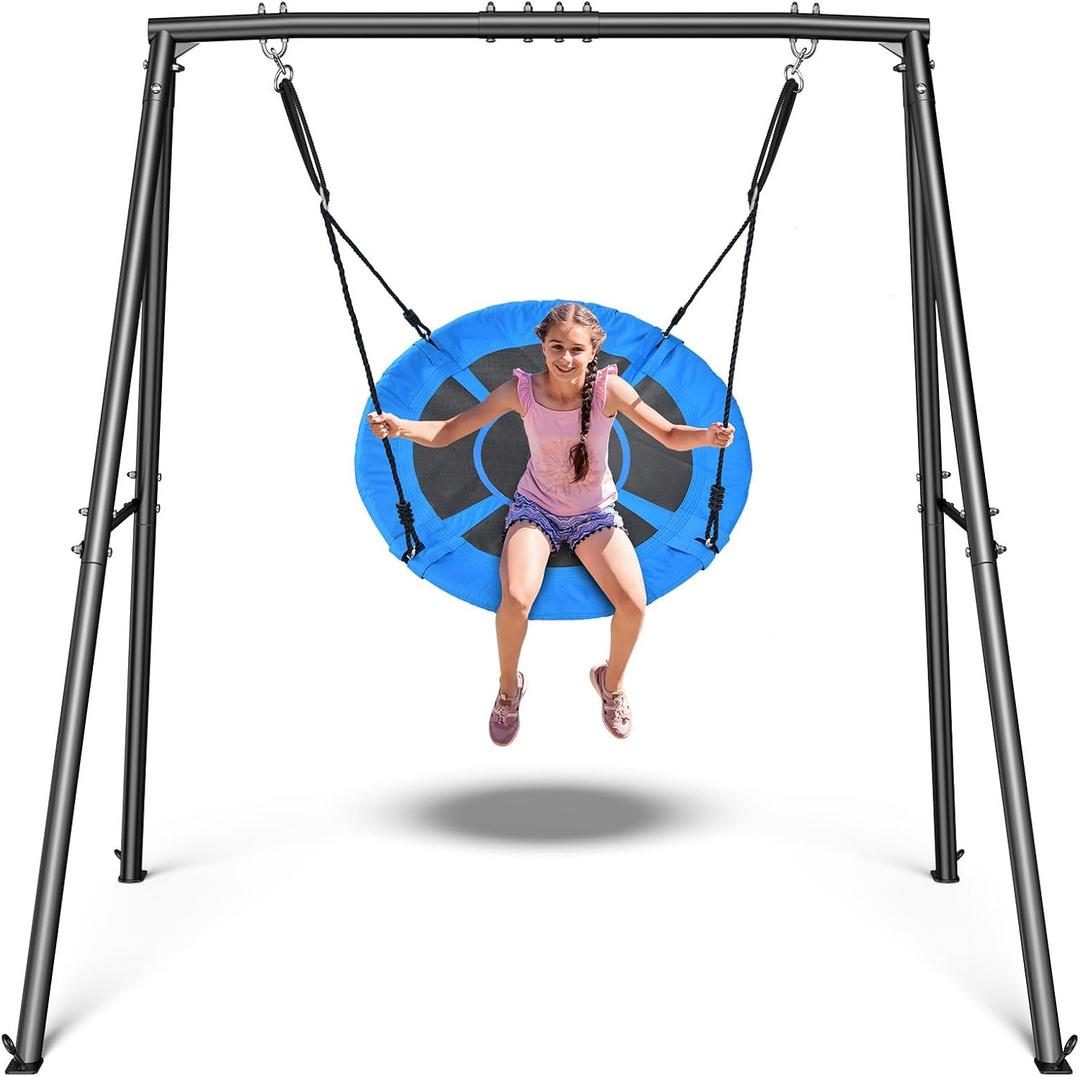 Trekassy Saucer Swing with Frame for Kids Outdoor, 440lbs Swing Set with Heavy Duty Metal Stand for Backyard, Outdoor Kids Play Equipment (Patented) (Blue)
