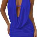 SOLY HUX Women's Sexy Deep V Neck Halter Bodycon Mini Dress Sleeveless Party Club Dresses (Medium, Plain Royal Blue)