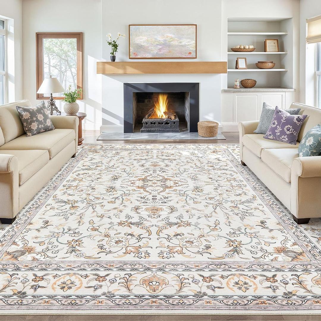 Tortania Area Rug Living Room Rugs: 8x10 Washable Vintage Floral Oriental Farmhouse Large Thin Indoor Carpet for Bedroom Under Dining Table Home Office - Beige/Ivory (8' x 10')