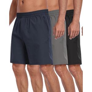 3 Pack Men's Athletic Running Shorts with Zipper Pockets, Quick Dry Gym Workout Basketball Hiking Shorts for Men (Medium, 3 Packs-black/Dark Gray/Navy)