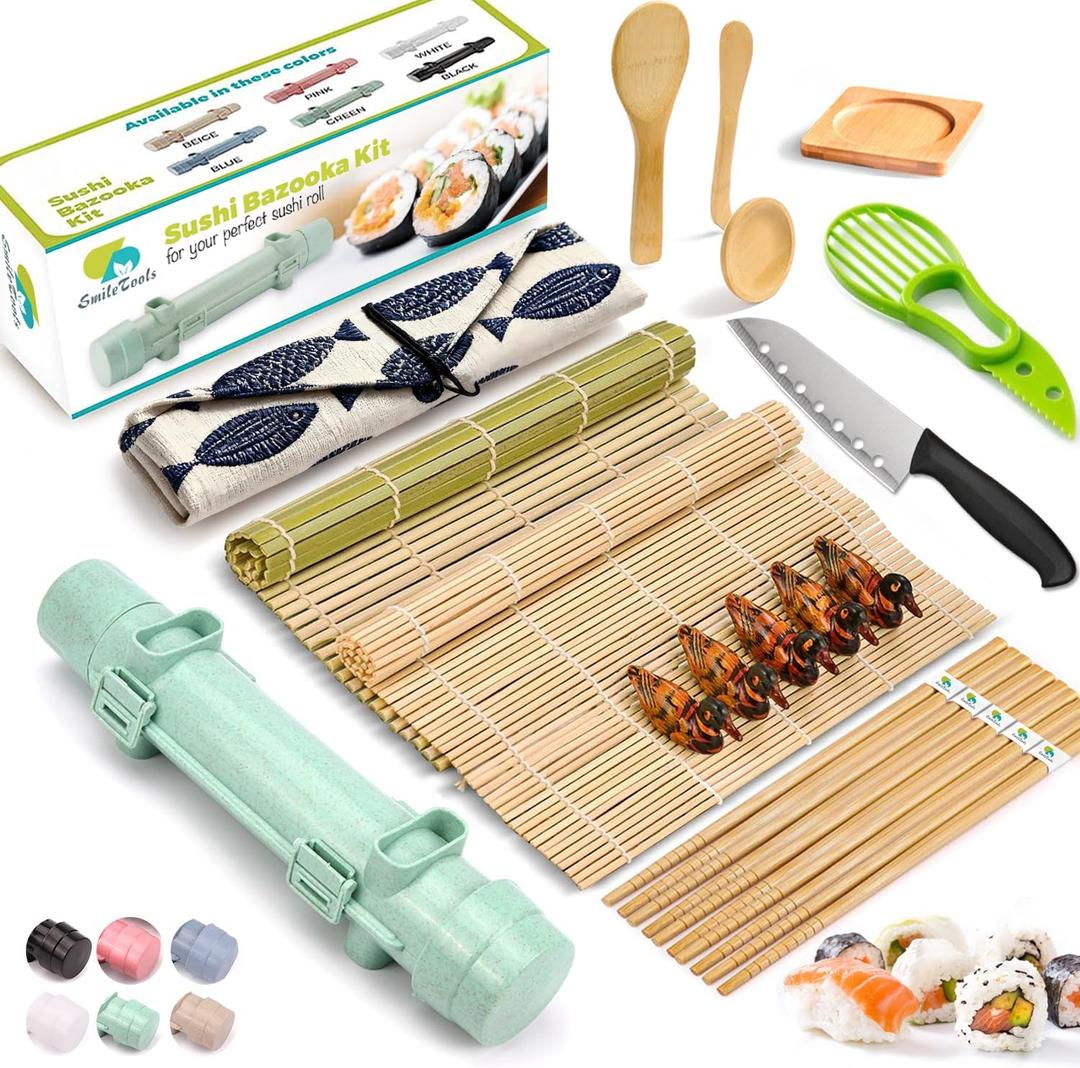 Sushi Making Kit, 22 in 1 Sushi Roller Sushi Maker Kit with Bamboo Sushi Rolling Mats, Bazooka, Chef's Knife, Chopsticks, Sauce Dishes, Rice Spreader, Avocado Slicer, Guide Book
