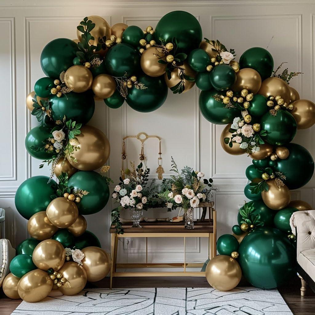 Emerald Green Gold Balloons Garland Double Stuffed Dark Green Gold Balloons Hunter Forest Metallic Arch Kit for Birthday Christmas New Year Baby Shower Jungle Party Decorations