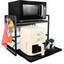 2-Tier Microwave Rack - Height Adjustable & Extendable Kitchen Shelf with Drawer - Carbon Steel - Includes Hooks & Reinforcement Suction Cups - Easy Assembly (Black)