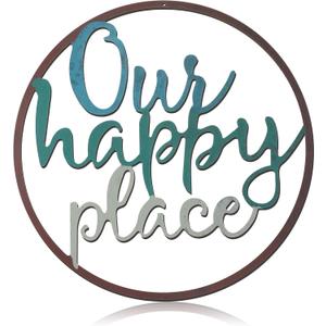 Hotop Our Happy Place Metal Wall Sign Metal Hanging Art Outdoor Plaque Wall Decor Lettering Home Sign for Home Living Room, Bedroom, Kitchen, Shop and More(Classic Style,Mixed Color)