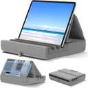 KDD Tablet Pillow Holder, Foldable iPad Stand for Lap, Bed and Desk -Tablet Soft Pad Dock with Pocket & Stylus Mount Compatible with iPad Pro 12.9, 10.5, 9.7 Air Mini 6 5 4 3, Kindle, E-Reader, Gray