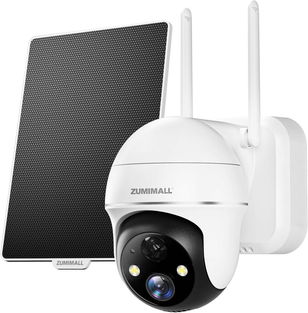 ZUMIMALL Solar Security Cameras Wireless Outdoor, 360 View Outdoor Camera Wireless Solar Powered,2.4G WiFi2K/3MP Color Night Vision,2-Way Talk, PIR Motion Alert, Cloud Storage, Work with Alexa