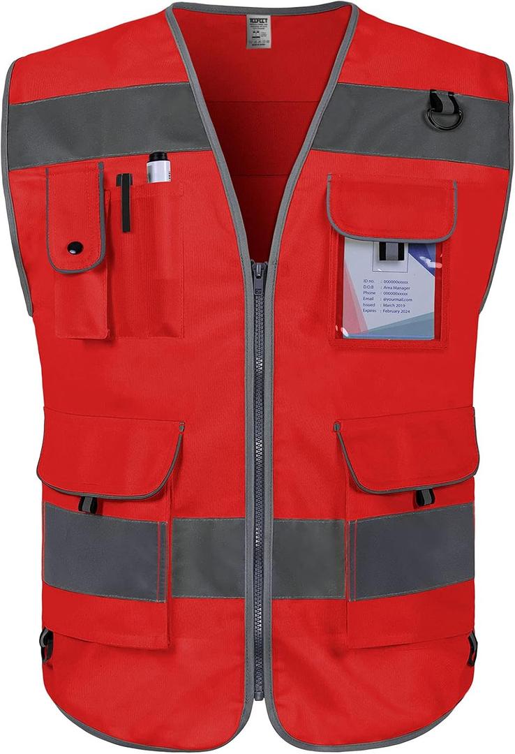 TCCFCCT Reflective Vest 9 Pockets High Visibility Safety Vest for Men Women, Hi Vis Construction Vest with Reflective Strips, Meets ANSI/ISEA Standards, (Red, Small) (Red Fabric-bison 001)