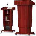 GARVIN Wooden Podium Stand with Wheels, 43"-55" Adjustable Height Podium Stand with Hand Crank, Wooden Pulpit for Churches with Storage Shelves&Cable Management Hole for Schools, Auditoriums