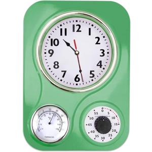 Lily's Home -9.5 Inch x 12.5 Inch - Retro Kitchen Wall Clock, Vintage Wall Clock with a Thermometer and 60-Minute Timer, Ideal for Any Kitchen, Office, or Diner (Retro Green)