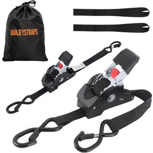Self Retracting Ratchet Straps 1" x 10' (2-Pack) - Black Heavy Duty Tie Down Straps with Auto Retract, 1540lb Break Strength for Truck, Motorcycle, ATV, Cargo Trailer
