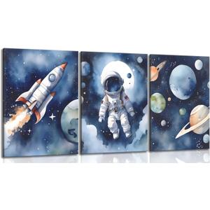 3Pcs Nursery Astronaut Wall Art Kids Space Planets Theme Canvas Painting Rocket Spaceman Wall Decor Explore Dream Galaxy Poster Prints Funny Outer Space Picture for Boys child Bedroom Living Framed (Blue)