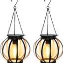 2 Pack Solar Lantern Lights Outdoor, Black Metal Hanging Solar Lights with Hook, Waterproof Hanging Lantern Lights for Pathway Patio Yard Porch Garden Decoration (Warm White)