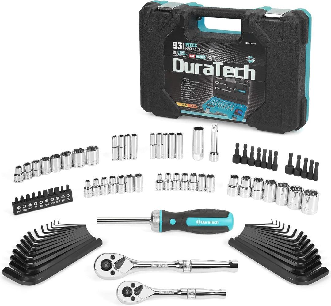 DURATECH 93 Piece Mechanics Tool Set, SAE/Metric Drive Socket Set(1/4 Inch and 3/8 Inch) with Ratchet handle Spark Plug Magnetic bit driver and Tool Accessories Set
