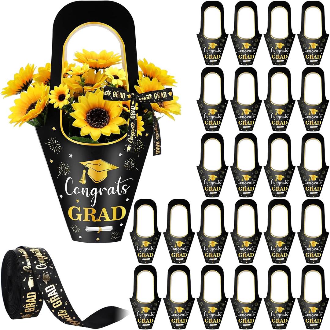 Teenyyou 24 Pcs Graduation Gift Bags 2026 Black and Gold Flowers Bouquet with Handle Paper Flower Bouquet Holder with 1 Roll Crafting Ribbon Wrapping Sleeves for Teacher Graduation Party Gift