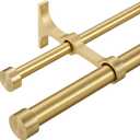 Double Curtain Rods with Aluminum End Cap and Full Surround Brackets,1"Front and 5/8" Back Rod,Adjustable between 72 to 144 Inches (6-12 Feet), Brass Double Window Drapery Rod