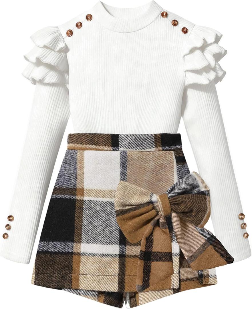 Girls Clothes Ruffle Long Sleeve shirt Top and Bowtie Plaid Skort Set 2PCS Girls Fall Outfits 6-16 Years (White)