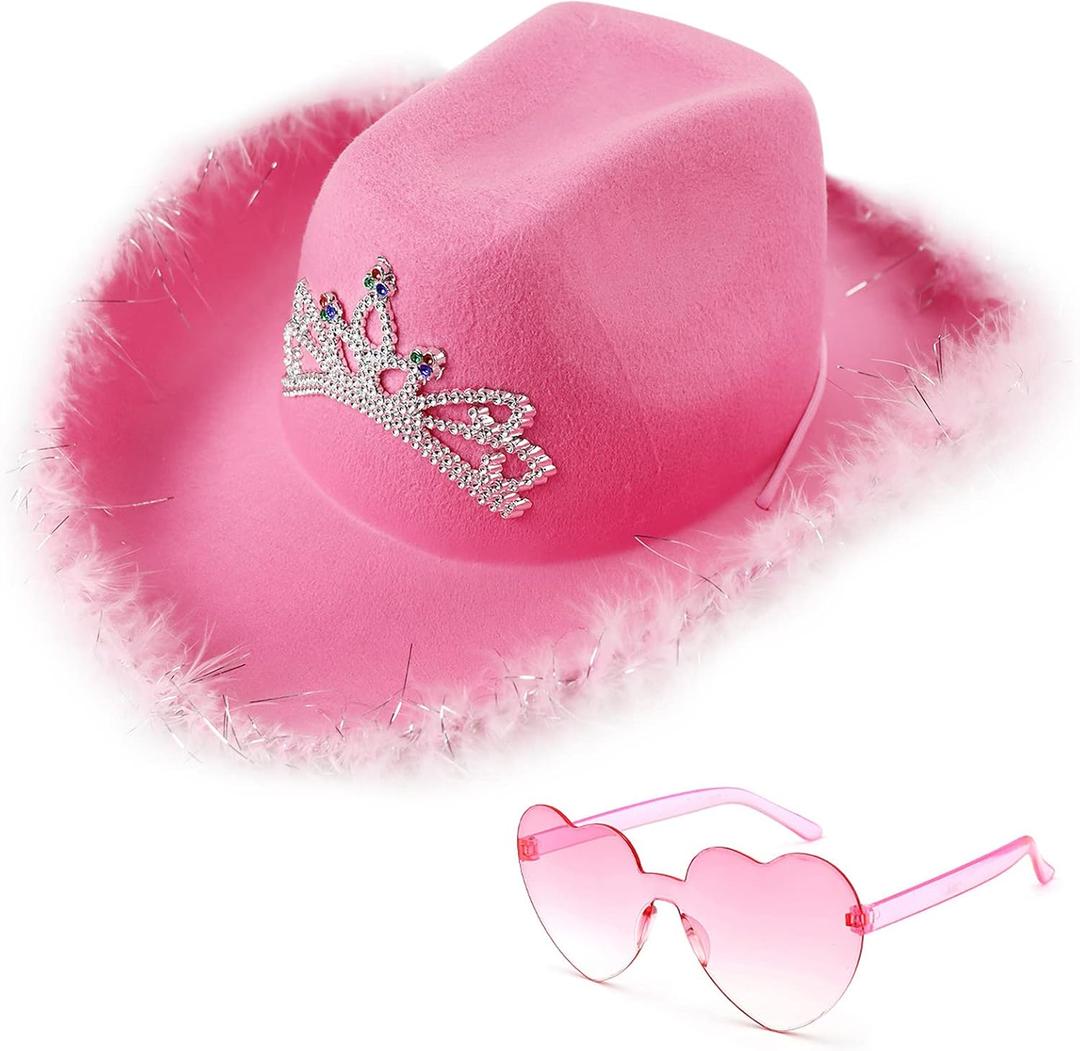 AoMoon Pink Cowgirl Hat with Heart Shaped Sunglasses Crown Tiara Cowgirl Hat for Women Party Pink Cowboy Hat for Girls (Feather)
