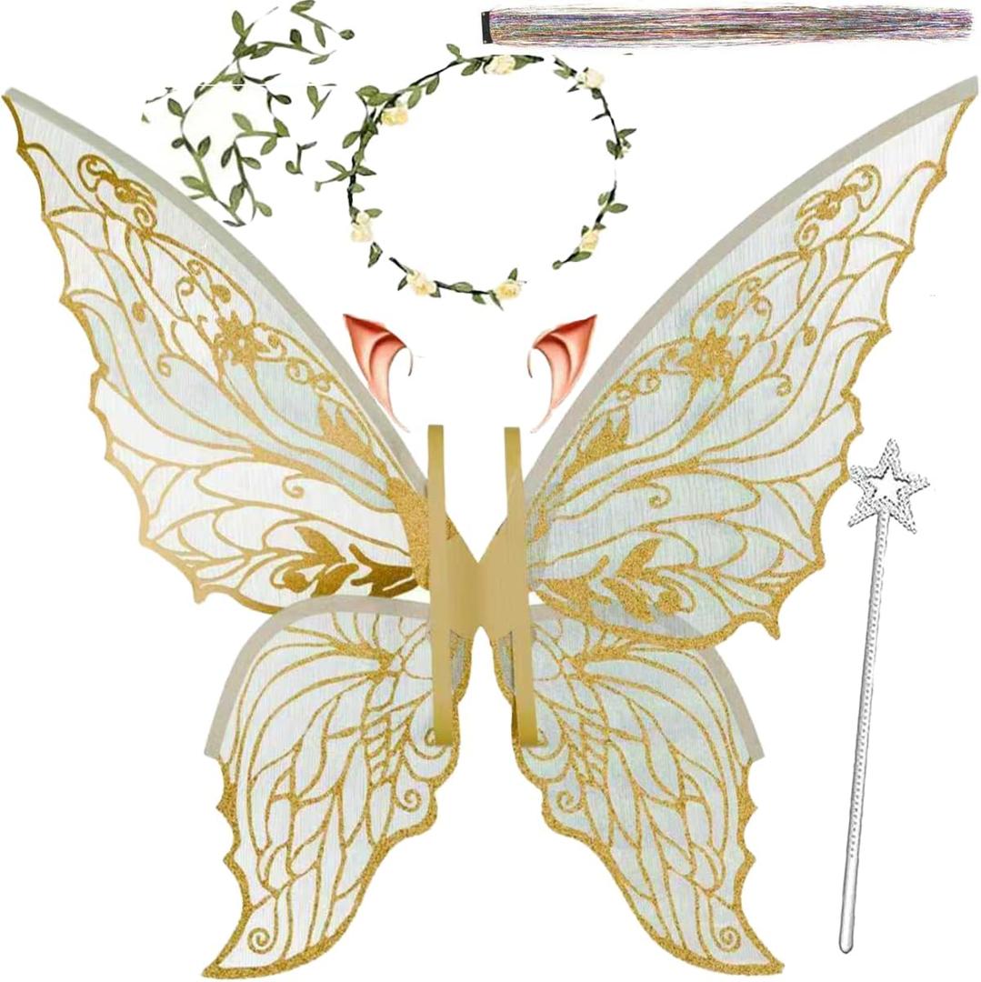 Fairy Wings for Adults and GirlsFairy Costume Set with Floral Garland, Fairy Hair Tinsel, Wand & Elf Ears  29"x21" Organza Butterfly Wings  Ideal for Cosplay, Party, Gold