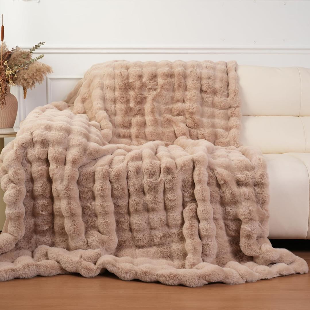 Super Comfort Oversized Warm Thick Bubble Luxury Plush Rabbit Faux Fur Throw Blanket, Fluffy Blanket, Soft Cozy Blanket for Couch Chair Bed Sofa Living Room (Wheat, 60inX80in)