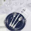 Hioasis 175pcs Blue and Silver Plastic Plates - Elegant Disposable Dinnerware Set Suitable for 25 Guests Include 10.25" Dinner & 7.5" Dessert Plates, Cutlery, Napkins, Cups for Party & Wedding