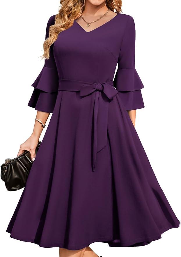 DRESSTELLS Cocktail Dress 2025, Long Bell Sleeves & V-Neck, Formal Bridesmaid Prom Dresses for Party (Small)