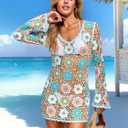 FAIRY SEASON Women's Crochet Beach Cover Up Dress Boho Bell Sleeve 3D Camellia Embroidery for Vacation, Pool Party, Large
