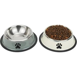 Stainless Steel Dog Bowls, Food and Water Non Slip Anti Skid Stackable Pet Puppy Dishes for Small, Medium and Large Dogs (2 Pack) (Cup/7 oz, White & Grey)