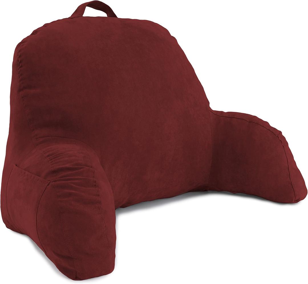 Deluxe Comfort Microsuede Bed Rest - Backrest Pillow with Arms - Bed Rest Pillow - Reading Bedrest Lounger - Sitting Support Pillow - Soft But Firmly-Stuffed Fiberfill - Reading Pillow, Red (One Size)