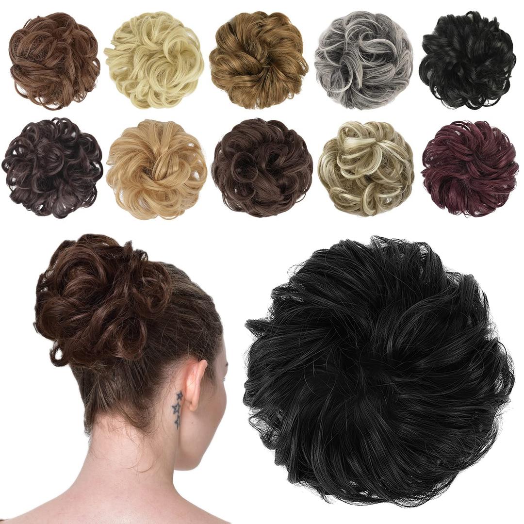 FESHFEN Messy Bun Hair Piece - Wavy Synthetic Chignon Scrunchies for Instant Volume, Elastic Bun Ponytail Hair Extensions Thick Hairpieces for Women, Natural Black 1.50 oz