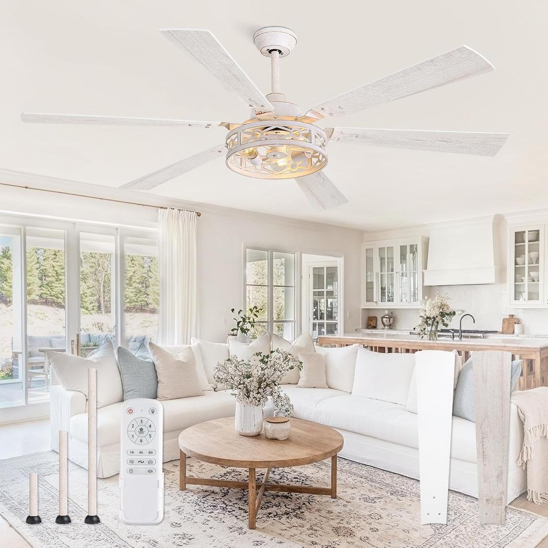 65 Inch Ceiling Fan with Lights, Farmhouse Caged Ceiling Fans with Remote, White Industrial Ceiling Fans with Quiet Reversible DC Motor, Large Ceiling Fan for Living room, Bedroom