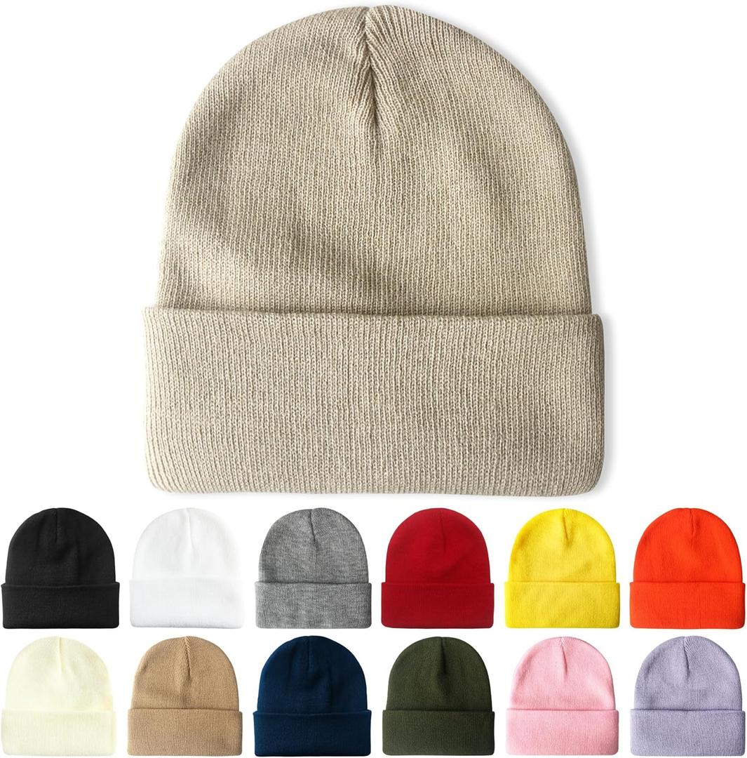 3 x PFFY Beanie for Men Women Unisex Knit Cuffed Plain Winter Beanies Hats Skull Cap (Beige)