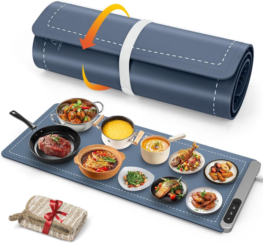 FYY Extra Large Warming Mat for Food - Rapid and Full Surface Heating, 6 Temp Settings, 6H Timer, Rollable Portable Food Warming Mat for Gatherings, Parties, Keep Meal Warm (XX Large Size, Navy)