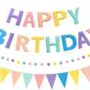 Pre-Strung Reusable Happy Birthday Banner Felt Ball Garland & Multicolor Bunting String Triangle Flags Bulk,Happy Birthday Sign for Party Backdrop DecorPhoto Booth Props (Macarons)
