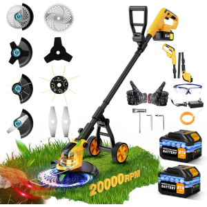 20000RPM 4-in-1 Weed Wacker Cordless, Electric Weed Eater Battery Powered, Heavy Duty Brush Cutter Edger Lawn Tool/Weed Trimmer/Grass Trimmer W/Wheel Metal Blade, 2 Battery Yard Tool