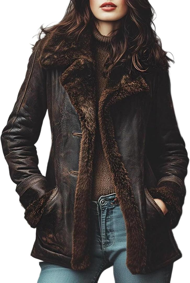 Womens Vintage Shearling Leather Coat Brown Faux Fur Lined Winter Jacket, Warm Aviator Style Outerwear, XL