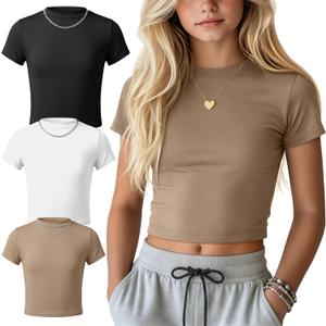 Oakgarden 3 Pack Girls Shirts Short Sleeve Tops for Kids Summer Crop Tops Clothes for Girls Mock Turtleneck Tees 5-16 Y