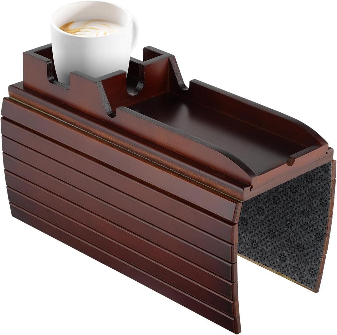 Couch Cup Holder Tray, Modern Sofa Armrest Tray Table with Non-Slip Pad, Wooden Bamboo Arm Table for Drinks and Food with Side-Away Trays (Red)