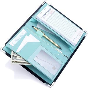 11-Pocket Server Book Organizer with Double Magnetic Pockets, Zipper Pouch for Waitress Waiter Waitstaff | Marble and Cross-Textured (5x8 Black/Teal, Cross-Textured PU Leather)