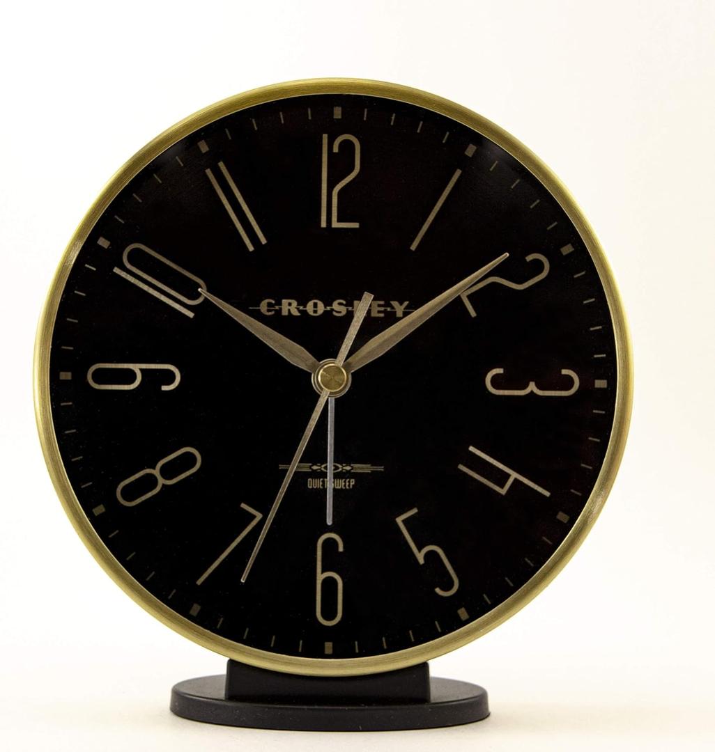 Timelink Crosley Modern Art Deco Alarm Clock for Office, Bedroom, or Desk Analog Non-Ticking Clock with Easy-to-Read Dial, Gold Metal Frame & Black Face (6-Inch)