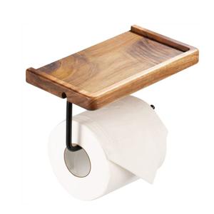 Yangbaga Toilet Paper Holder Black Matte with Wooden Shelf-Bathroom Toilet Tissue Roll Holder Wall Mount with Self Adhesive and Screw for Small Items,Tissue Holder for Bathroom Kitchen Office Bedroom