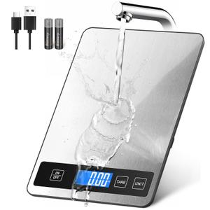 Food Scale - 15kg/33lb Rechargeable Digital Kitchen Scale with Full-View LCD Display, Grams and Ounces, Type-C or Batteries, Easy Clean Stainless Steel, for Baking, Cooking & Meal Prep, Black